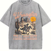 Retro Wranglin' Feral Children Raccoon 90s Western Vintage Washed T-Shirt in Gray