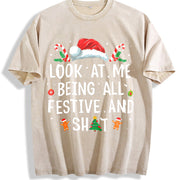 At Me Being All Festive and Shit Christmas Vintage Washed T-Shirt in Beige