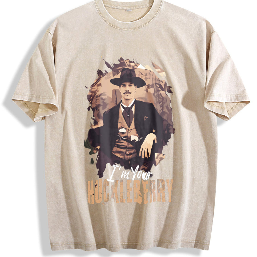 I'm Your Huckleberry Doc Holliday /Tombstone Western/ vintage washed oversized T-shirt in Beige