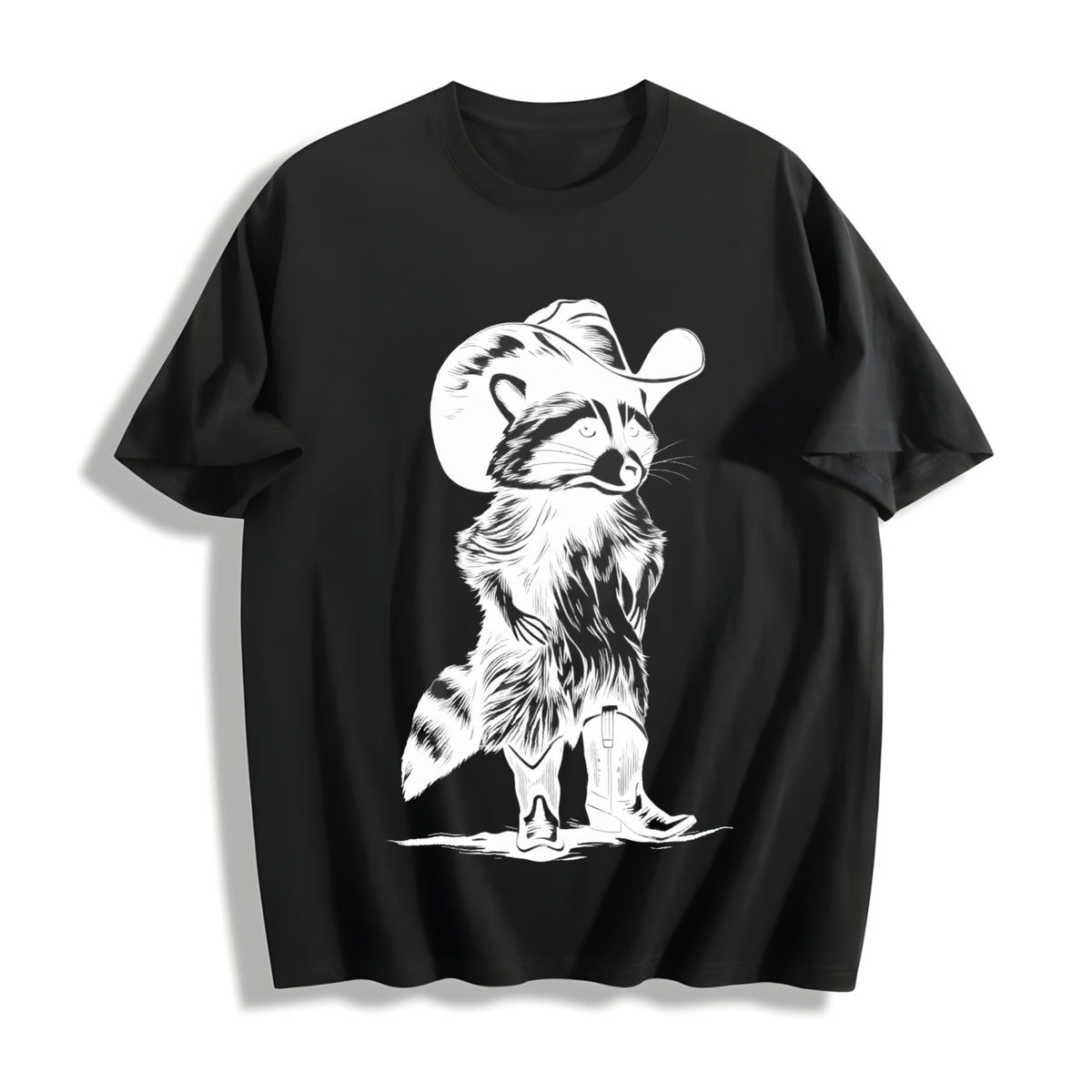 Western Raccoon Retro Cowboy Racoon Cotton T-Shirt in Black