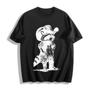 Western Raccoon Retro Cowboy Racoon Cotton T-Shirt in Black