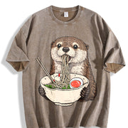 Otter Ramen Retro Otter Eating Noodles Vintage Washed T-Shirt in Brown