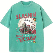 Horror Characters Christmas Vintage Washed T-Shirt in Blue
