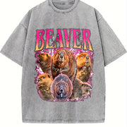 Beaver Retro Wildlife Animal Vintage Washed T-Shirt in Gray