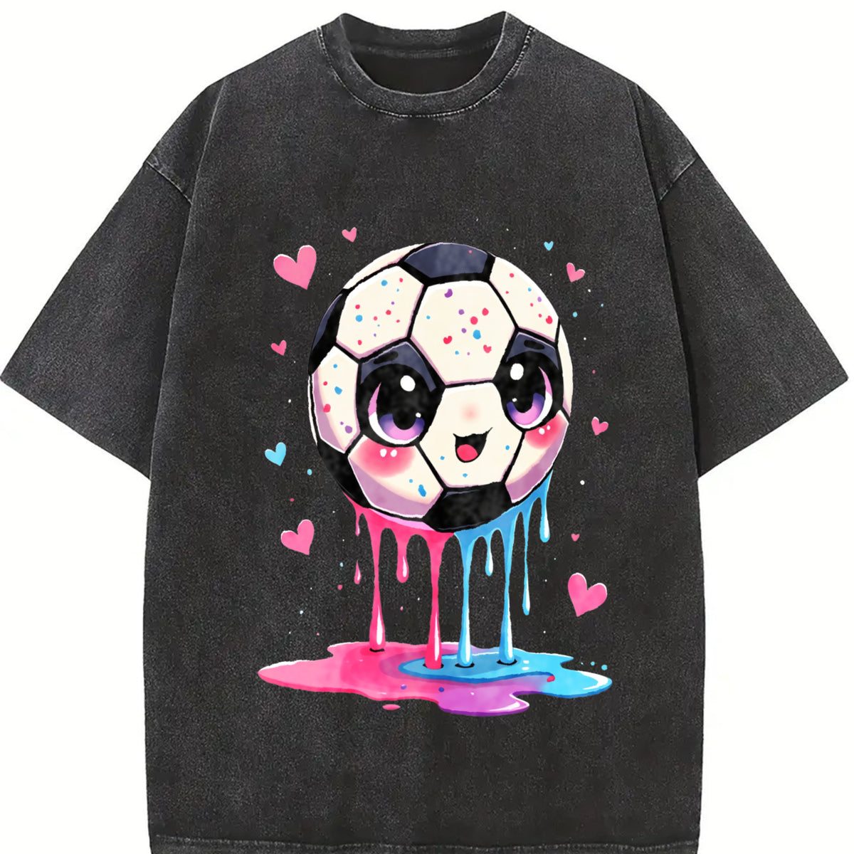 Cute Dripping Soccer Ball Vintage Washed T-Shirt in Black