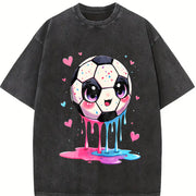 Cute Dripping Soccer Ball Vintage Washed T-Shirt in Black