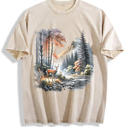 Retro Deer Nature 90s Vintage Washed T-Shirt in Beige