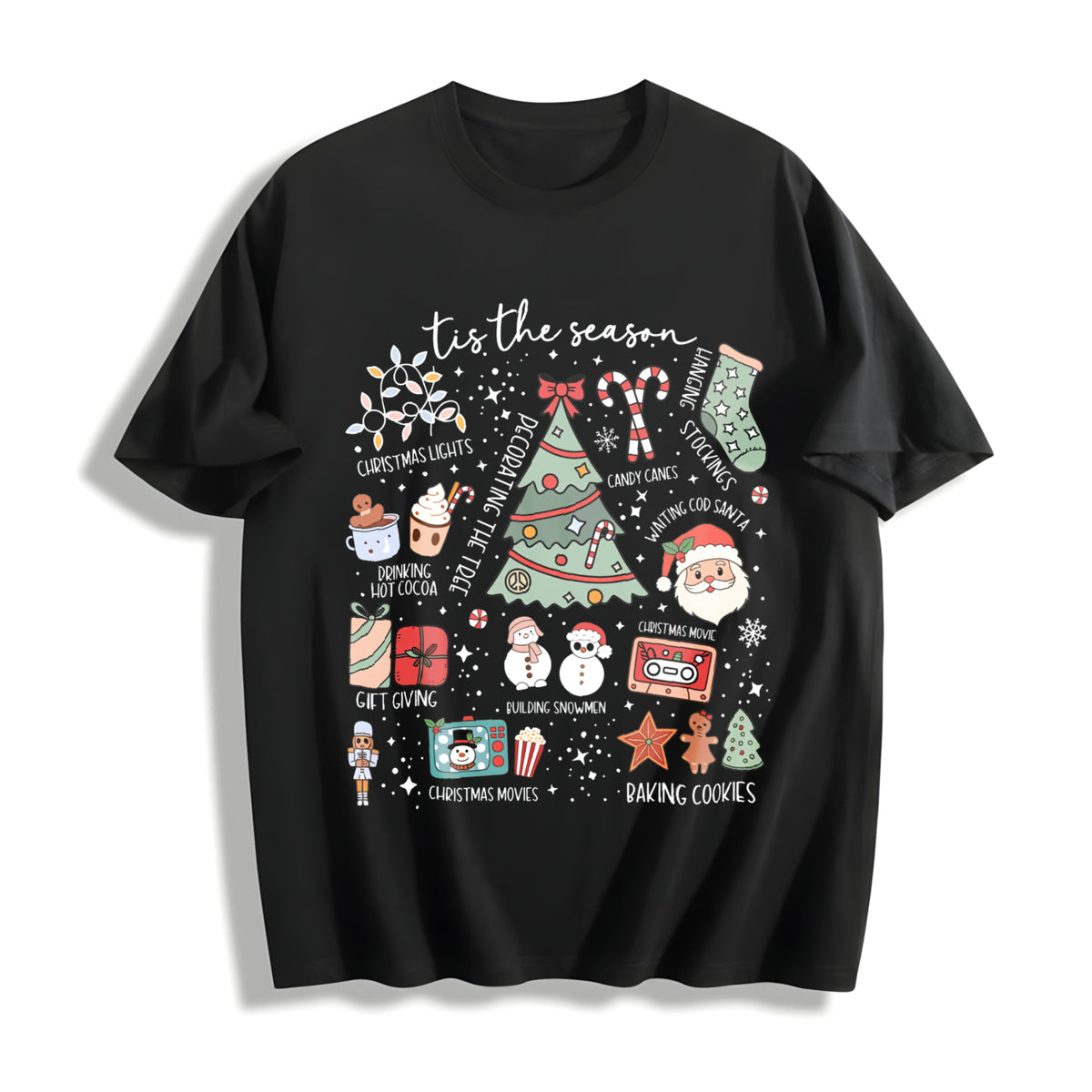 Retro Christmas Tis the Season Cotton T-Shirt in Black