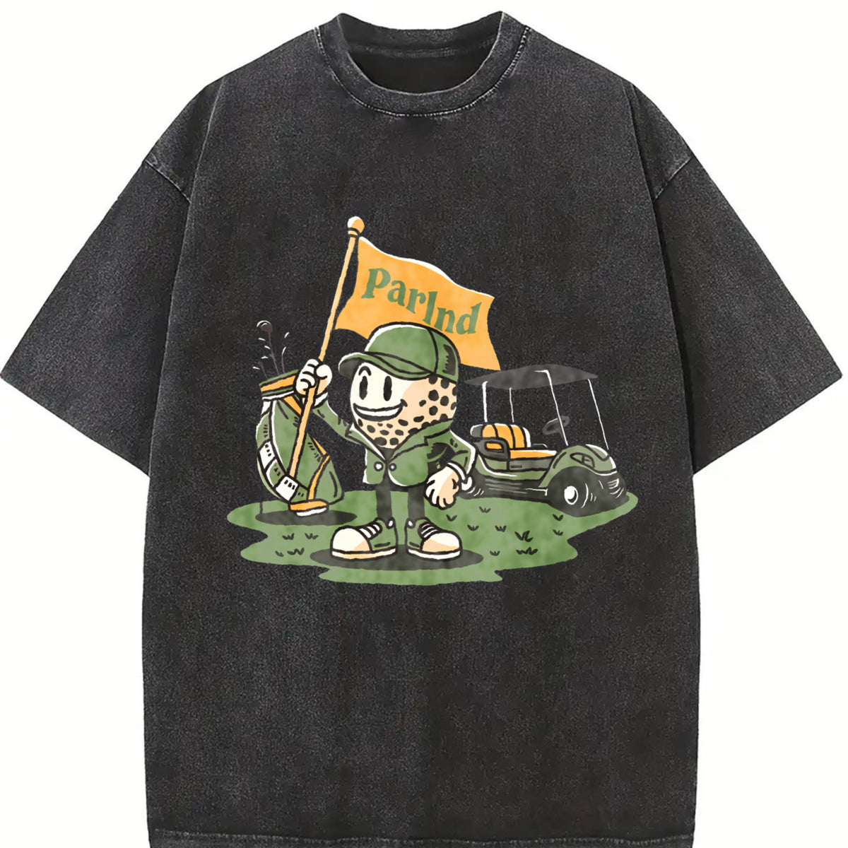 Parlnd Golf Cartoon Character Vintage Washed T-Shirt in Black