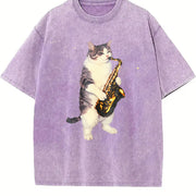 Saxophone Cat Retro Jazz Music Cats Vintage Washed T-Shirt in Purple