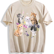 Cute Kitten Floral vintage washed oversized T-shirt in Beige