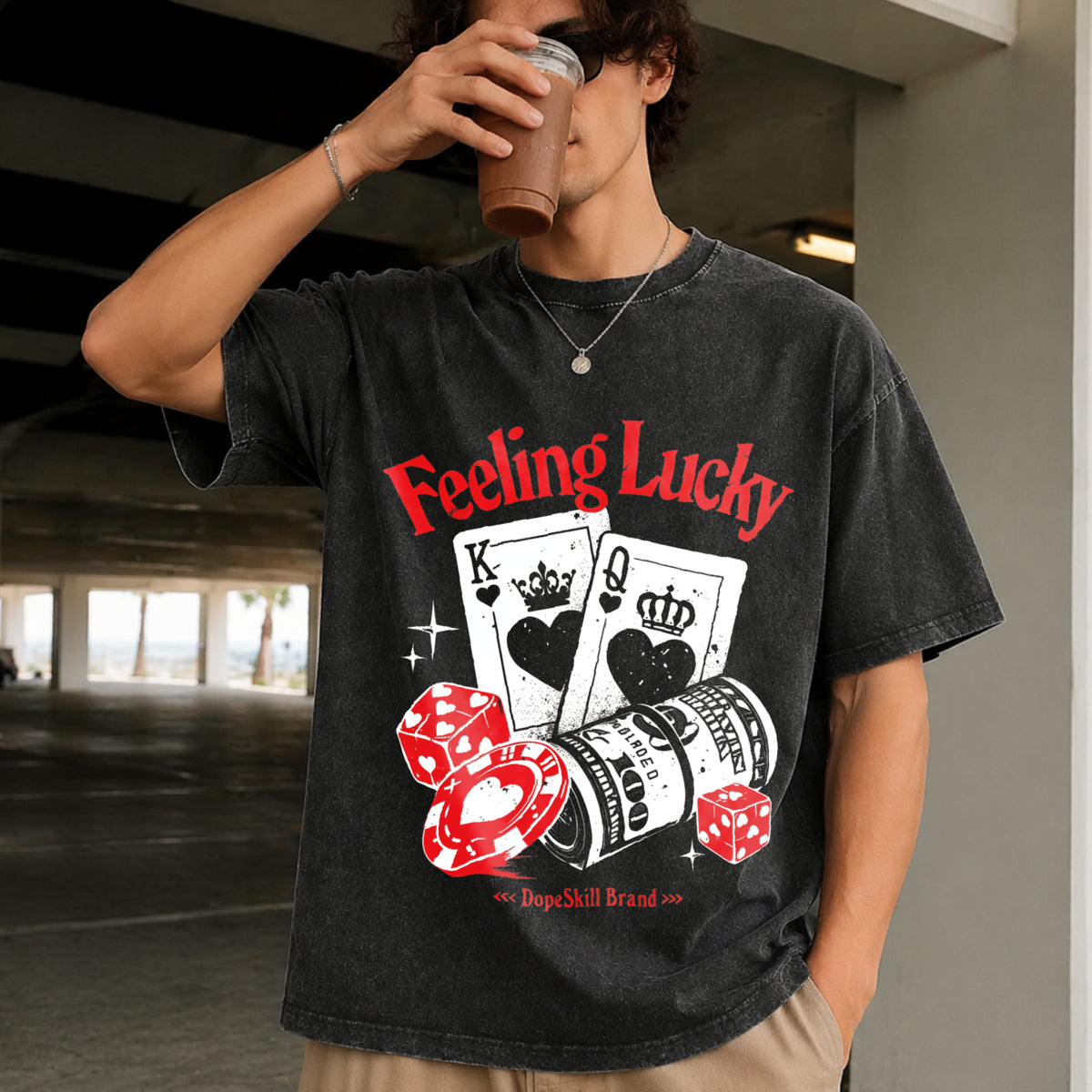 Feeling Lucky Casino Vintage Washed T-Shirt in Black
