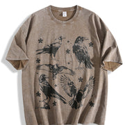 Ravens Tattoo Gothic Crow Vintage Washed T-Shirt in Brown