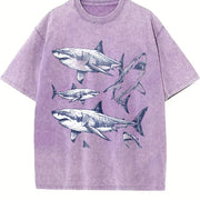 Shark 90s Tattoo Retro ® Y2k White Shark Ocean Vintage Washed T-Shirt in Purple