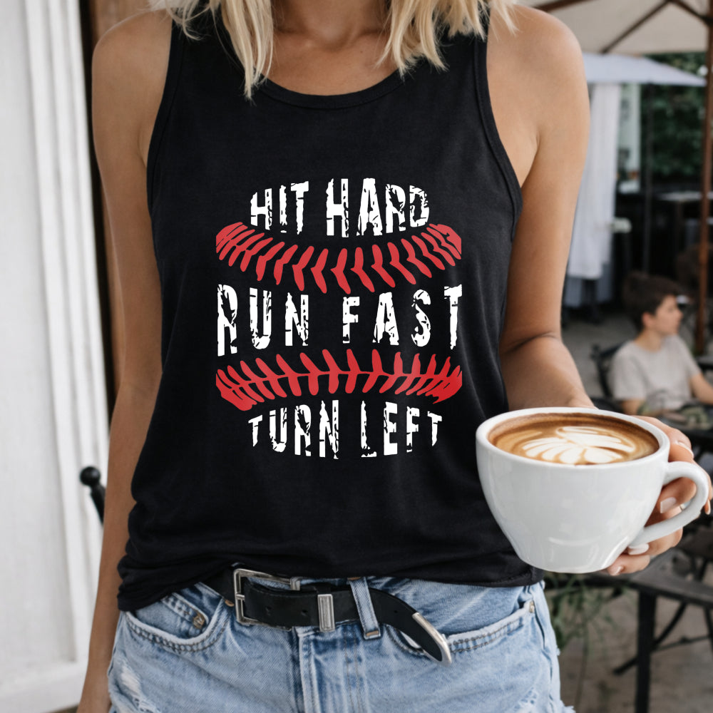 Hit Hard, Run Fast, Turn Left Women's Color Cotton Tank Top in Black