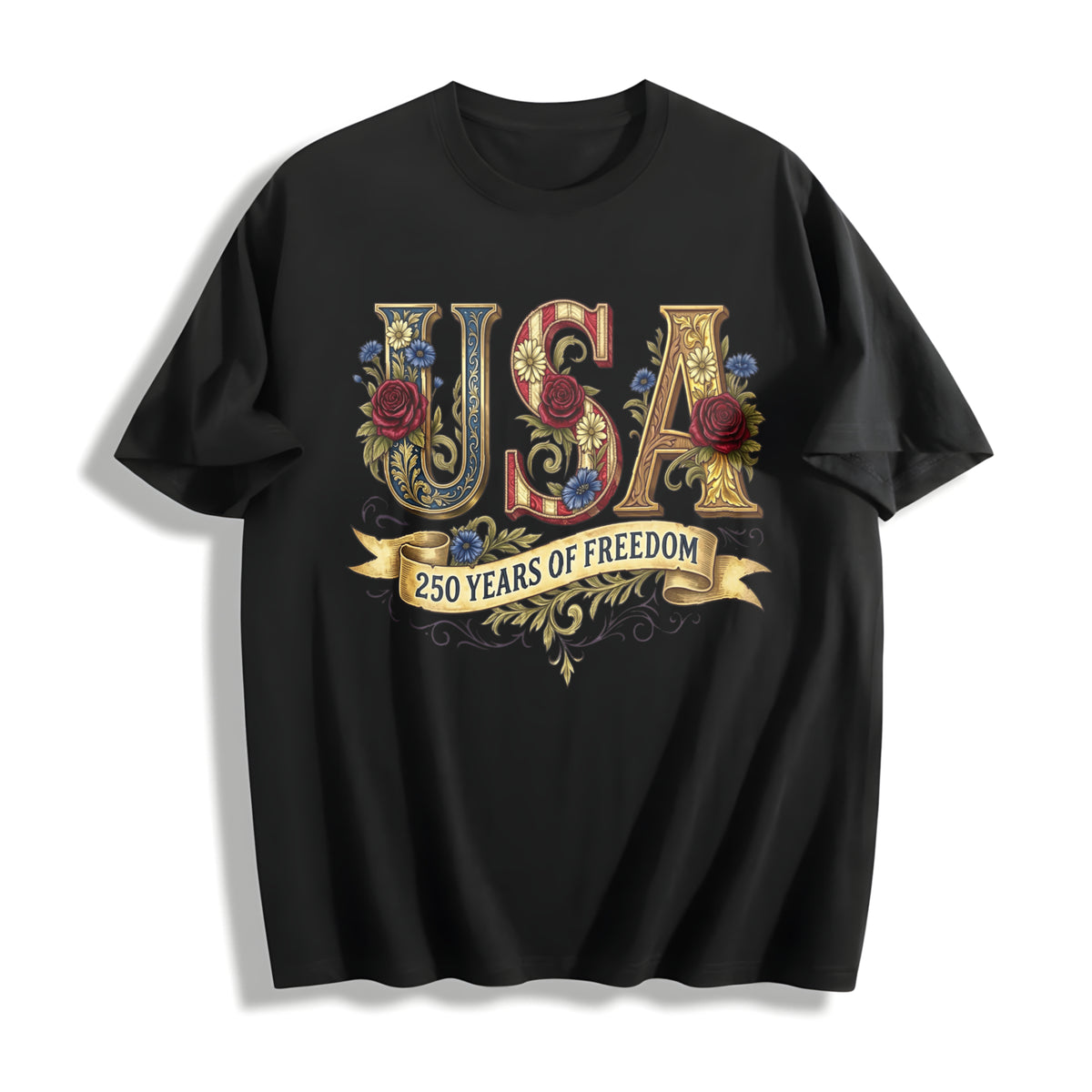 Retro USA 250: Floral Patriotic Independence Day Cotton T-Shirt in Black