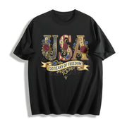 Retro USA 250: Floral Patriotic Independence Day Cotton T-Shirt in Black