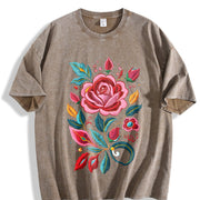 Bohemian Floral Imitation Embroidery Vintage Washed T-Shirt in Brown