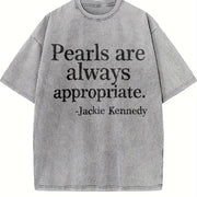 Letter Pearl Embroidery Vintage Washed T-Shirt in Gray