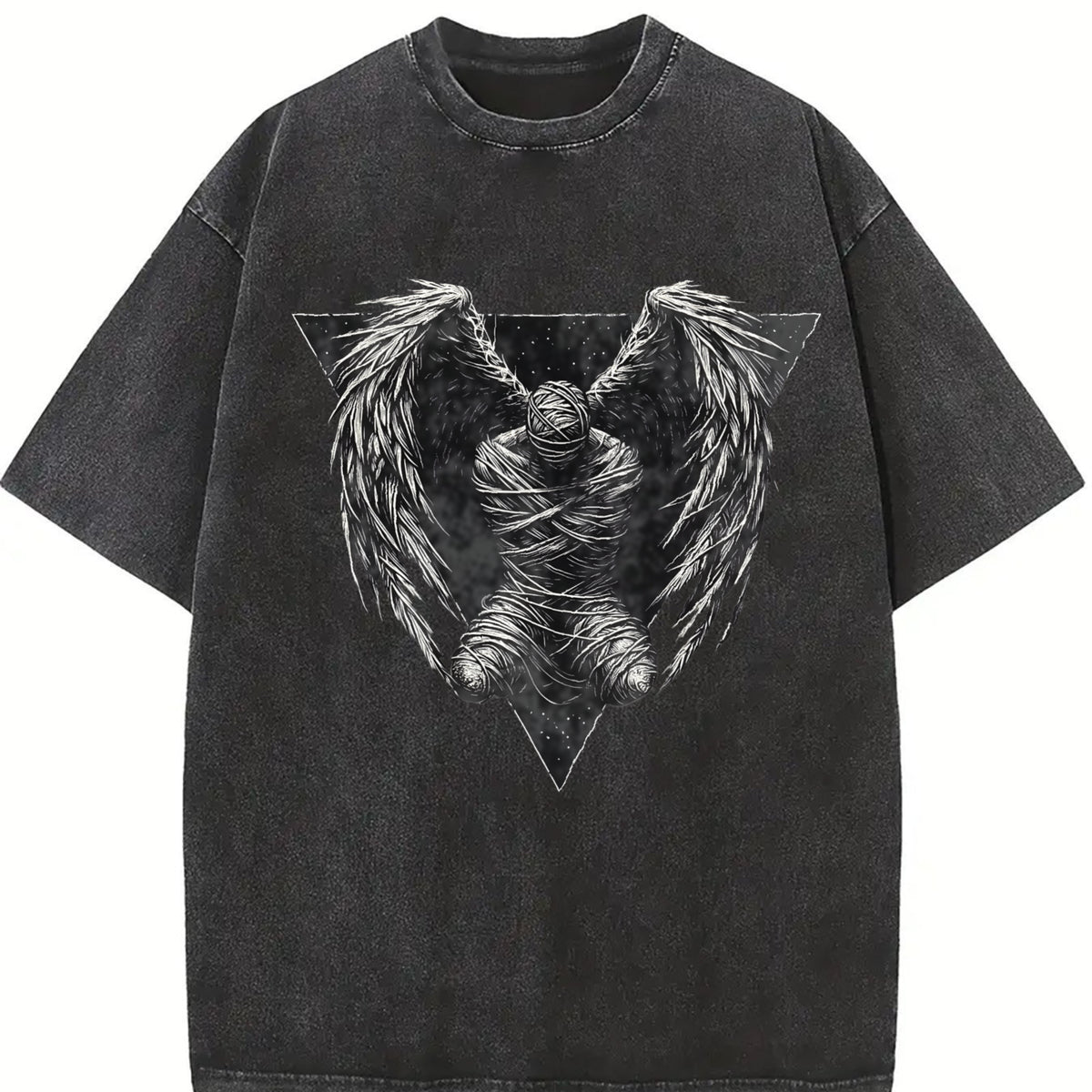 Dark Angel Winged Statue Sleeveless Tank Vintage Washed T-Shirt in Black