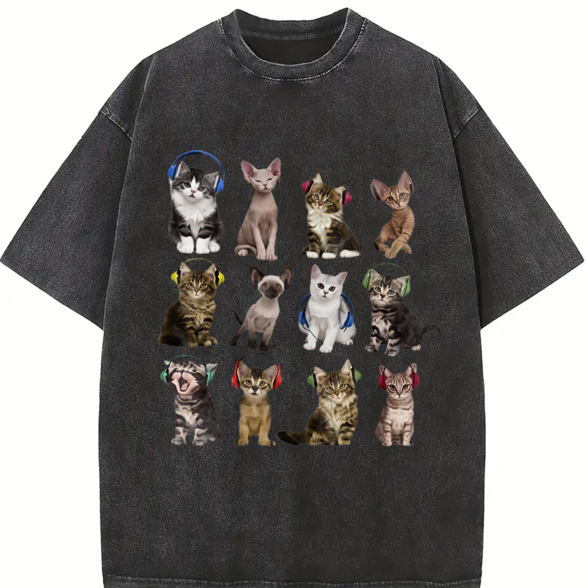Cats with Headphones Vintage Washed T-Shirt in Black