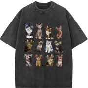 Cats with Headphones Vintage Washed T-Shirt in Black