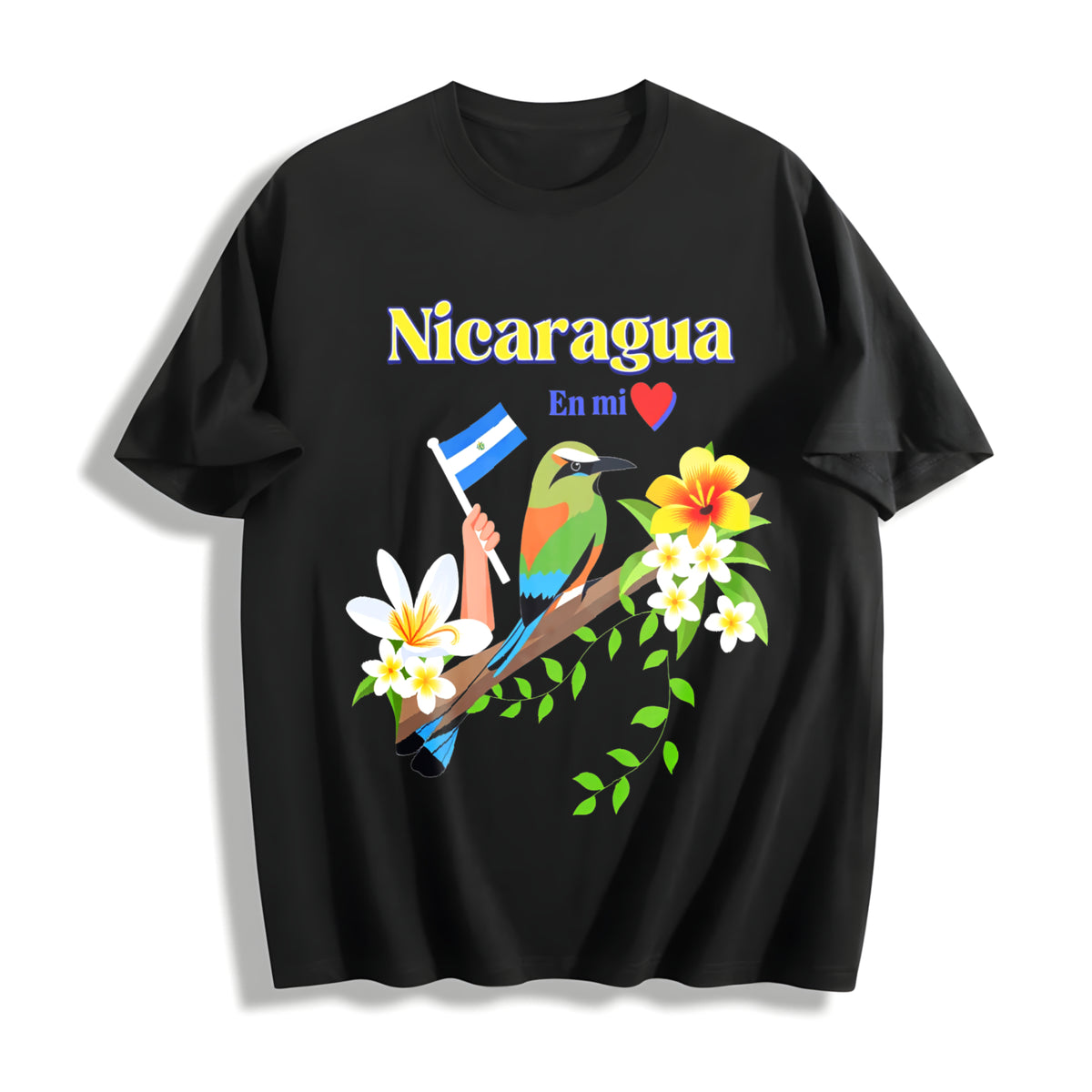 Nicaragua En MI Corazon Patriotic Signs Cotton T-Shirt in Black