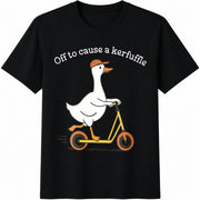 Off to Cause a Kerfuffle Goose Scooter Silly Duck Animal Cotton T-Shirt in Black
