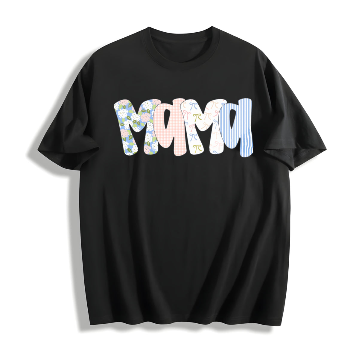 Floral Preppy Mama Mom Cotton T-Shirt in Black
