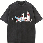 Interesting Cat Book Wishing You Happiness Pure vintage washed oversized T-shirt in Black