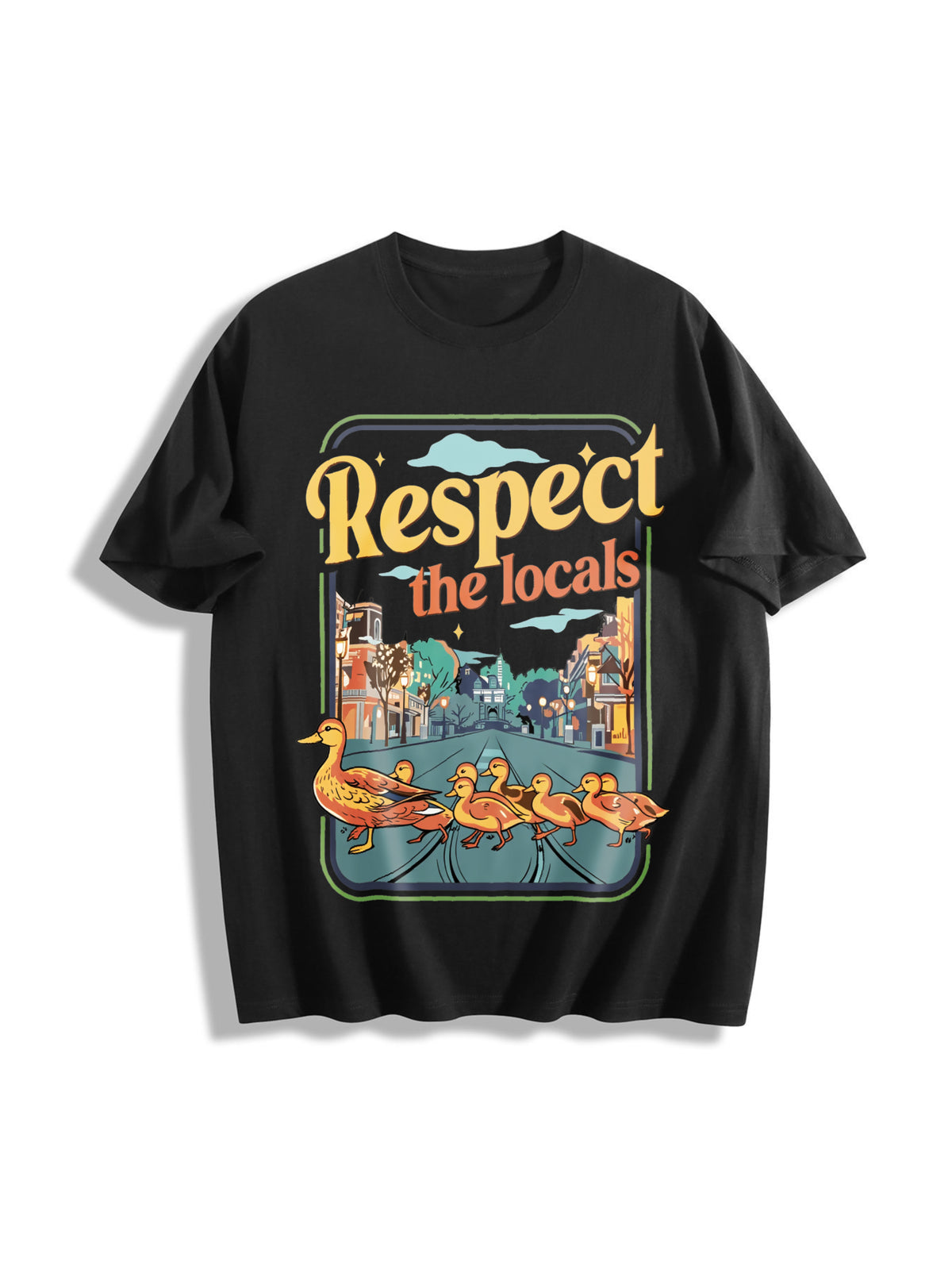 Momma Ducks and Babies Respect the Locals Cotton T-Shirt in Black