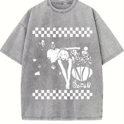 Black and White Checkerboard Band Vintage Washed T-Shirt in Gray