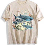 Marine Biology Ocean Sharks Illustration Boxy Vintage Washed T-Shirt in Beige