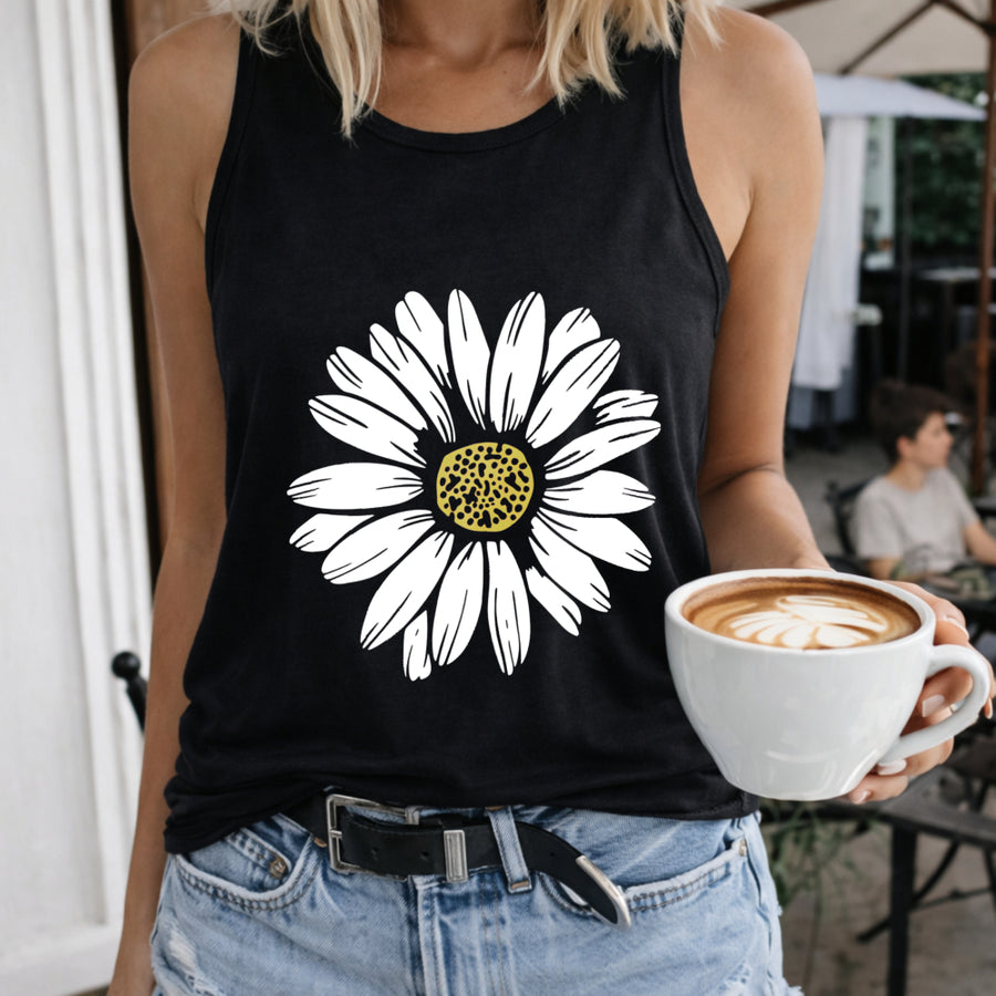 Daisy Flower Crew-neck Sleeveless Vest Outdoor Women's Color Cotton Tank Top in Black