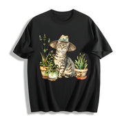 Cat and Plant Gardening Cat Cotton T-Shirt in Black