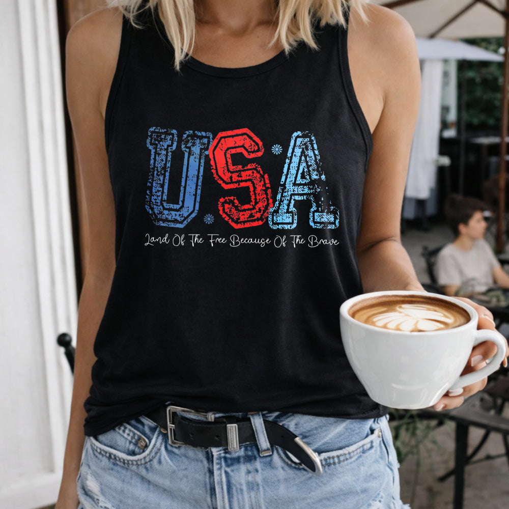 USA Patriotic Land of the Free Because of the Brave Women's Color Cotton Tank Top in Black