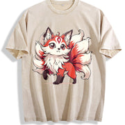 A Red and White Nine-tailed Fox Round-neck Short-sleeve Vintage Washed T-Shirt in Beige