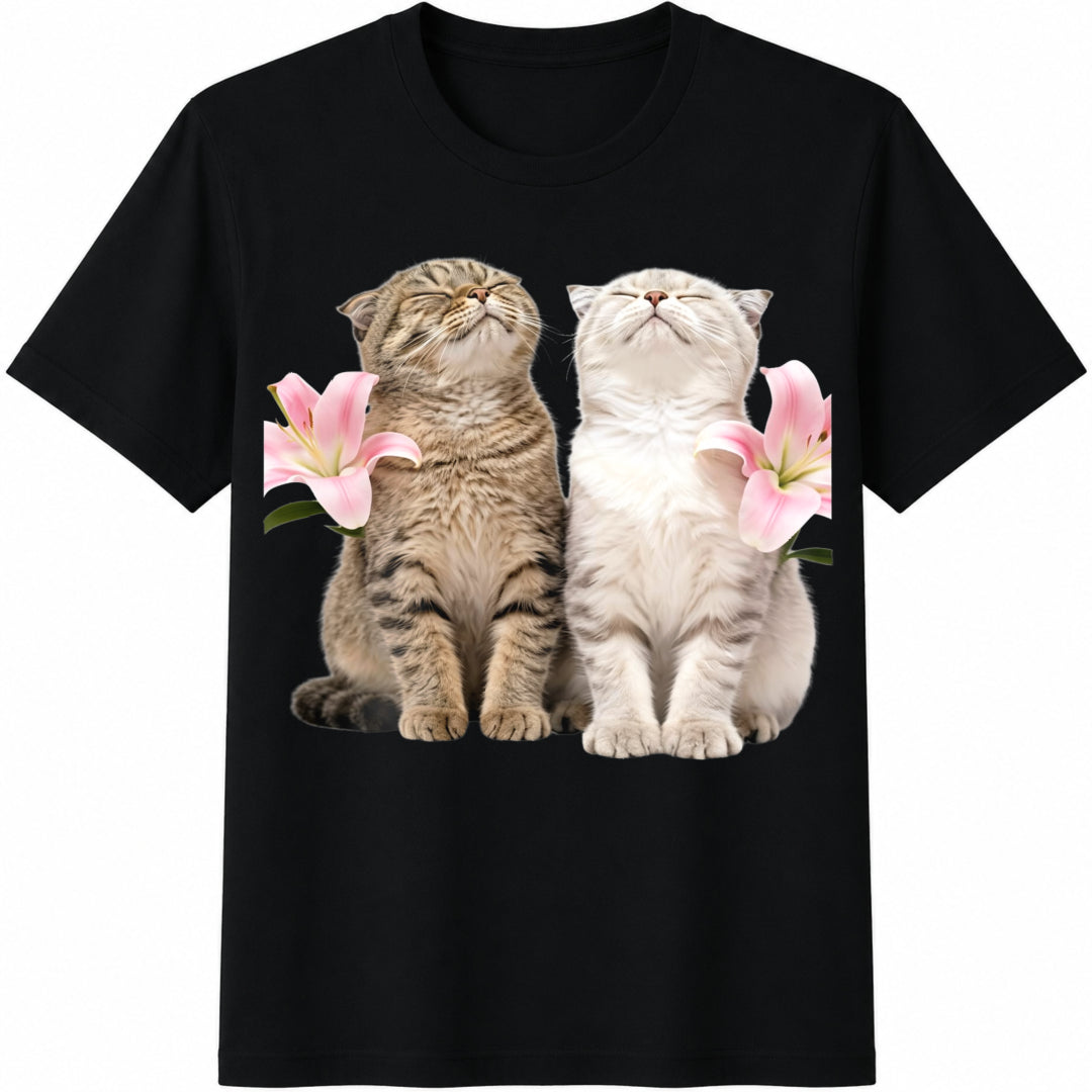 Cute Cats Listening Music Cotton T-Shirt in Black