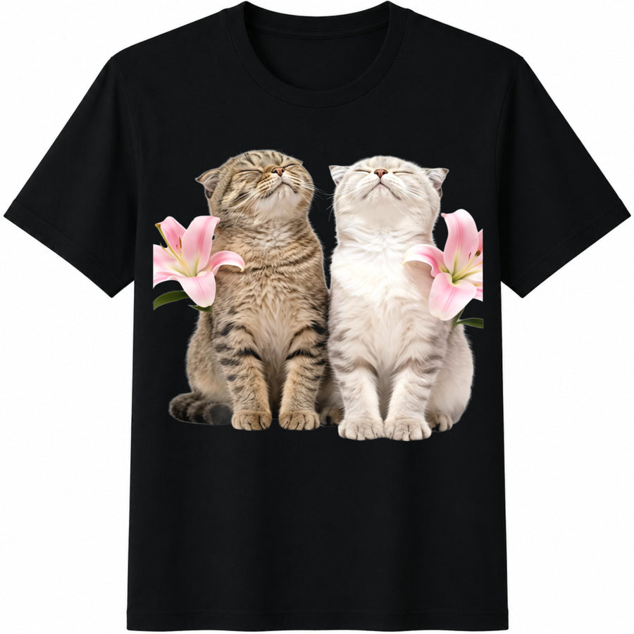 Cute Cats Listening Music Cotton T-Shirt in Black