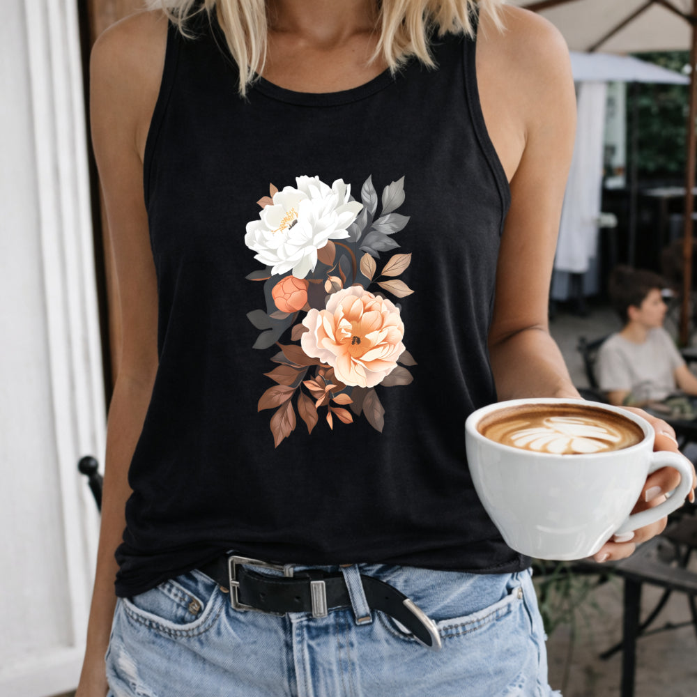 Floral Rose Crew-neck Sleeveless Vest Outdoor Women's Color Cotton Tank Top in Black