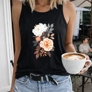 Floral Rose Crew-neck Sleeveless Vest Outdoor Women's Color Cotton Tank Top in Black