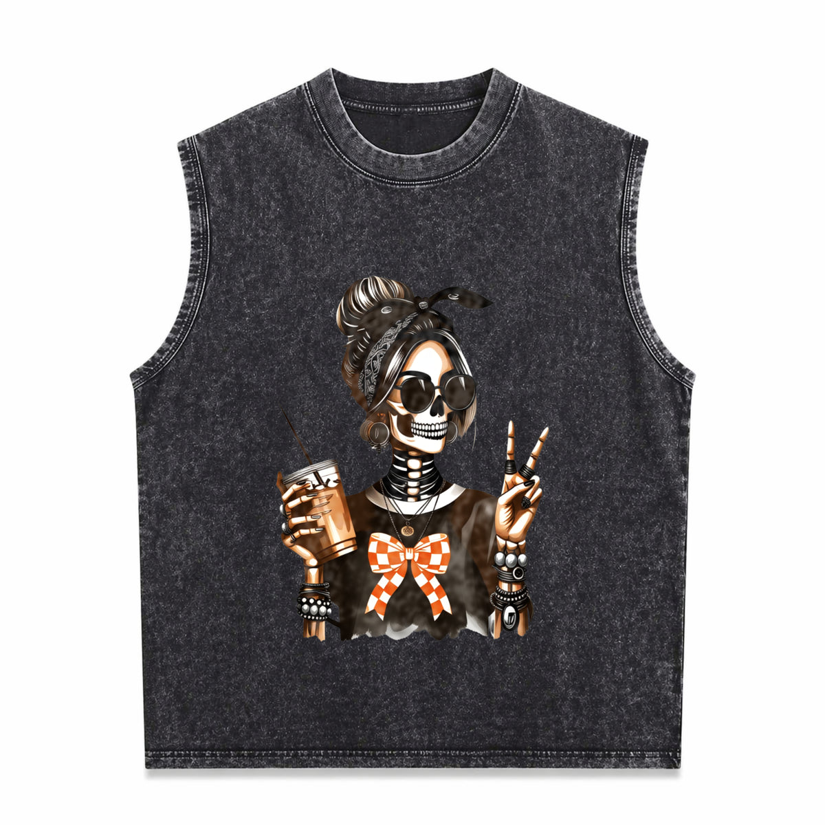 Skull Coffee Peace Sign Vintage Washed Tank Top in Black