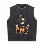 Skull Coffee Peace Sign Vintage Washed Tank Top in Black