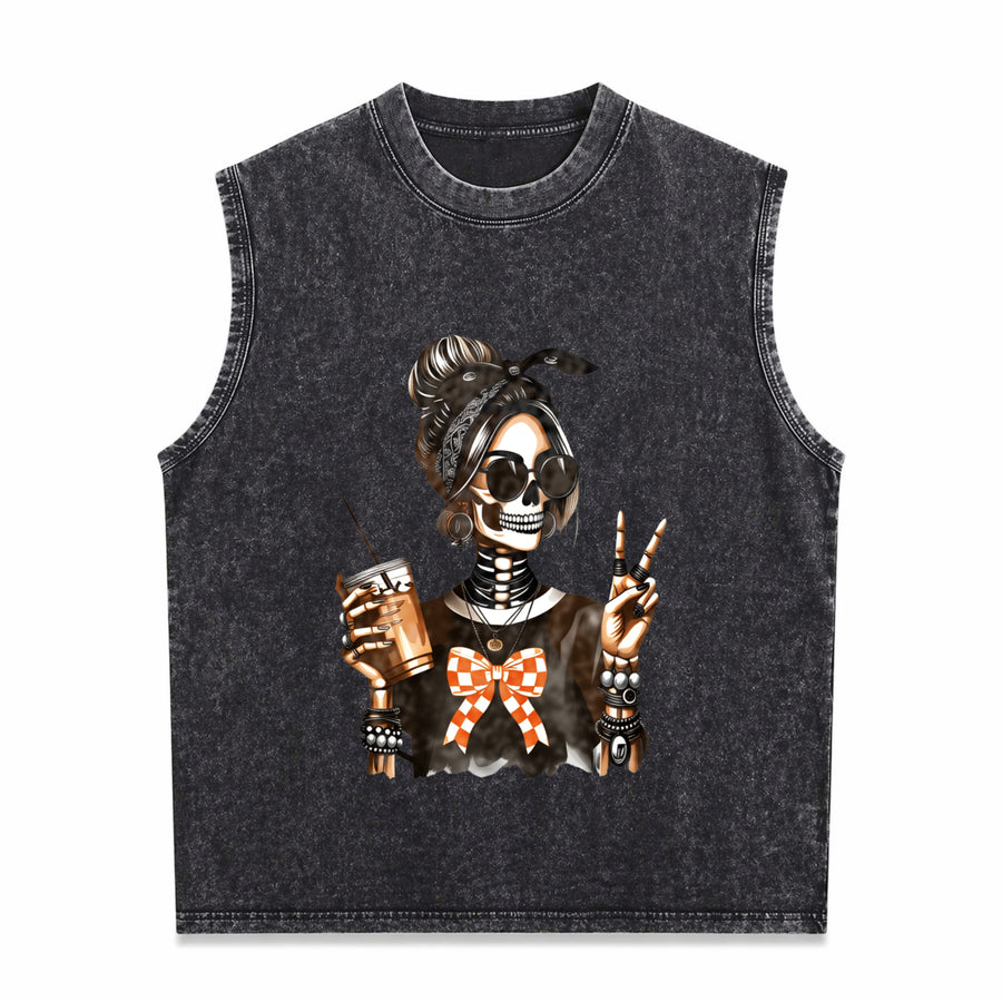 Skull Coffee Peace Sign Vintage Washed Tank Top in Black