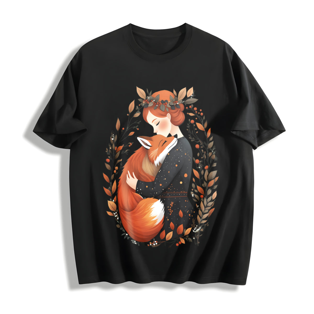 Bohemian Fox Mom Warm Hug One-piece Cotton T-Shirt in Black
