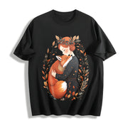 Bohemian Fox Mom Warm Hug One-piece Cotton T-Shirt in Black