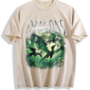 Dragons Fantasy Retro Dragon Grunge Vintage Washed T-Shirt in Beige