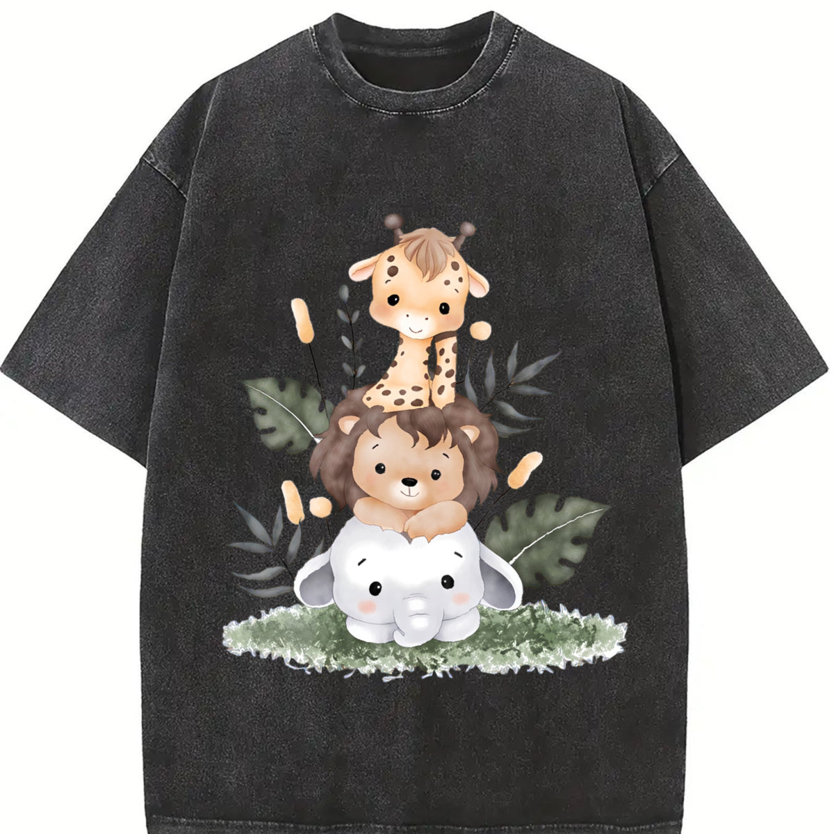 Giraffe Lion Vintage Washed T-Shirt in Black