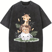 Giraffe Lion Vintage Washed T-Shirt in Black