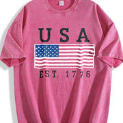 Embroidered USA Flag Vintage Washed T-Shirt in Red